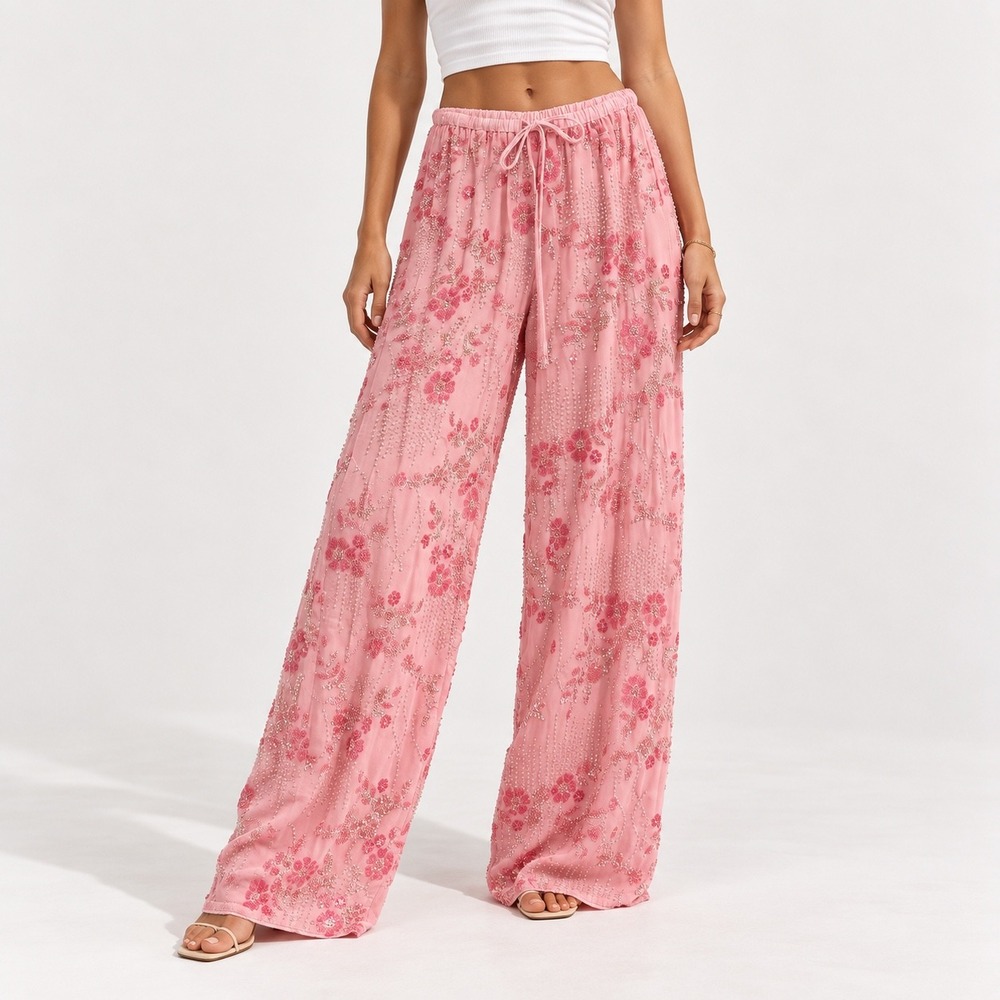 Poeselle Pink Floral Beaded Sequin Wide Leg Pants Size S 4 KMR